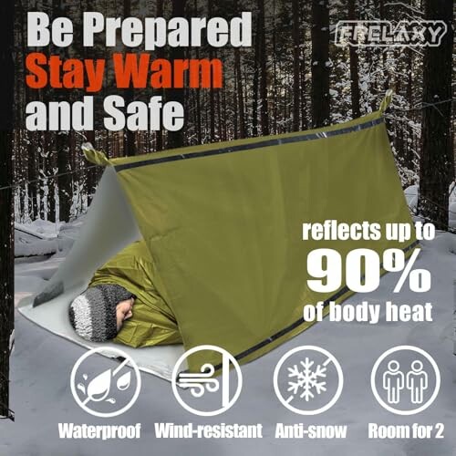 Emergency shelter tent with person inside, highlighted features: waterproof, wind-resistant, anti-snow, room for 2.