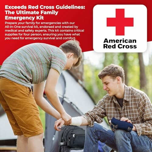 Two people with an emergency kit near a tent, featuring a Red Cross logo.