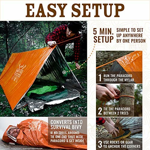Instructions for setting up an emergency survival tent using paracord.