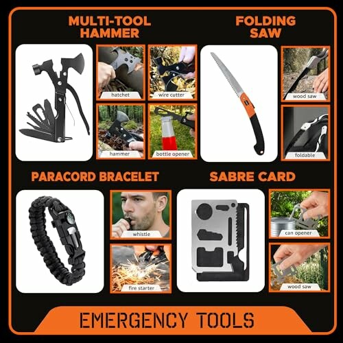 Collection of emergency survival tools including multi-tool hammer, folding saw, paracord bracelet, and sabre card.
