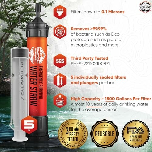 Emergency Survival Water Straw with filtration details and certifications.