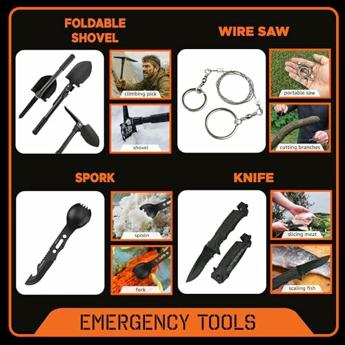 Collection of emergency tools including foldable shovel, wire saw, spork, and knife.
