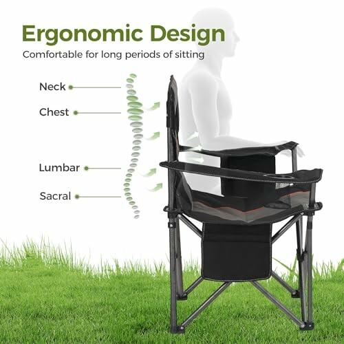 Ergonomic camping chair with body support illustration.