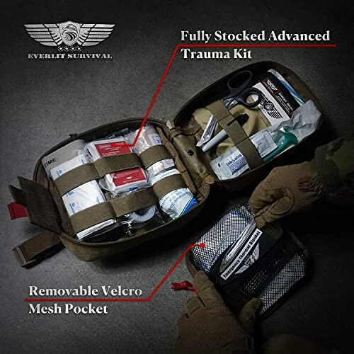 Everlit Survival fully stocked advanced trauma kit with removable Velcro mesh pocket.