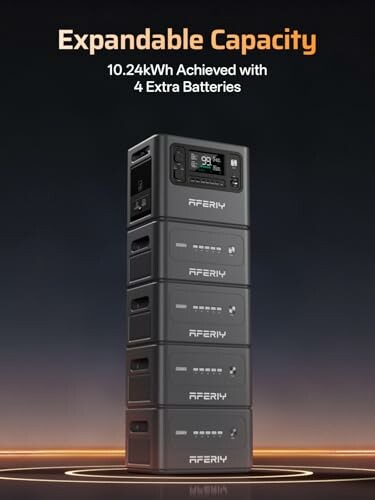 Stacked battery system with expandable capacity, showing 10.24kWh achieved with 4 extra batteries.