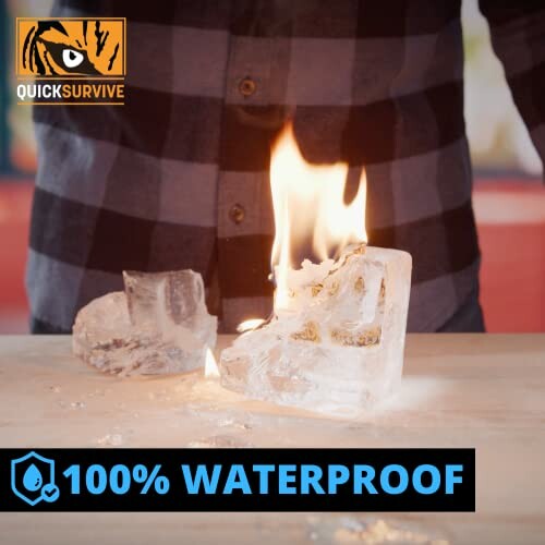 Flame burning on ice, showcasing waterproof fire product.