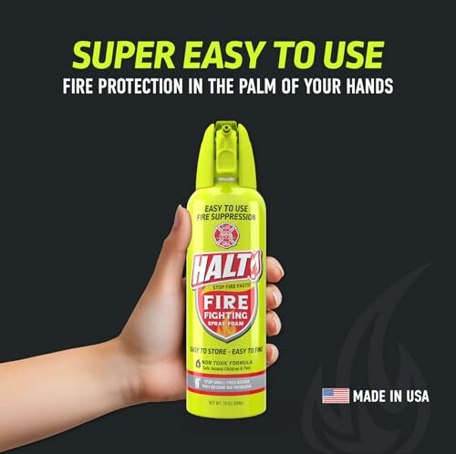 Hand holding a HALT fire suppression spray can, labeled 'super easy to use', made in USA.