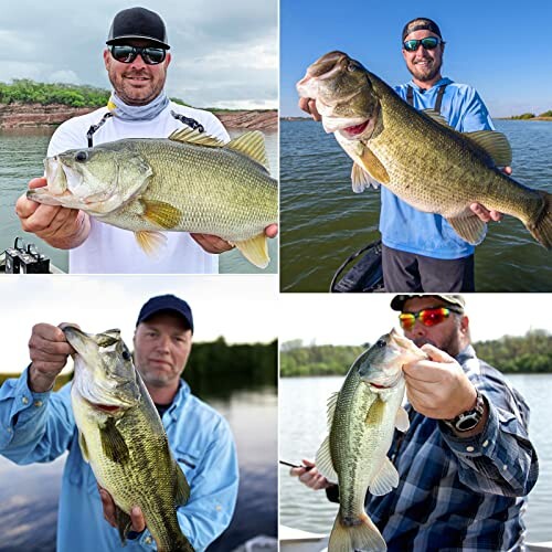 Four fishermen holding large bass fish in various outdoor settings.