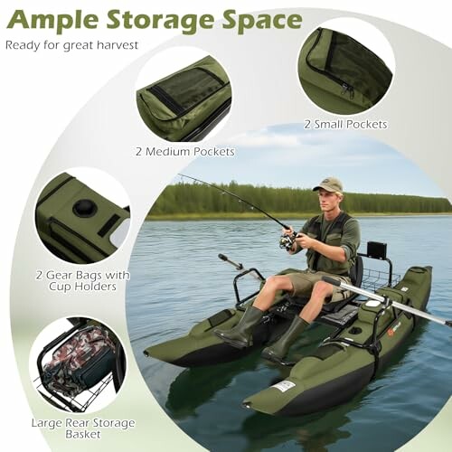 Man fishing from a kayak with multiple storage options including gear bags, pockets, and a storage basket.