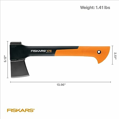 Fiskars hatchet with dimensions and weight displayed.