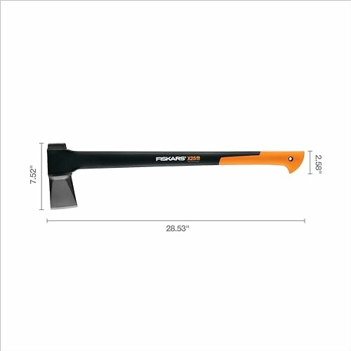Fiskars X25 Splitting Axe with dimensions and orange handle