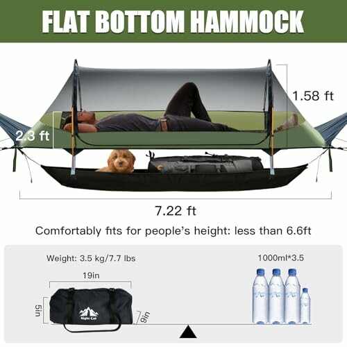 Diagram of a flat bottom hammock with dimensions and features.