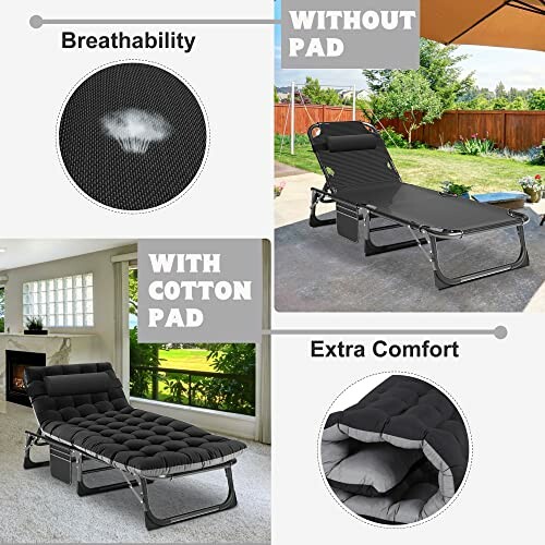 Folding recliner chair with cotton pad, showcasing breathability and extra comfort features, ideal for camping or relaxing at home.