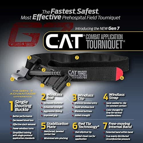Gen 7 CAT Combat Application Tourniquet with features highlighted.