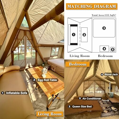 Glamping tent interior layout with living room and bedroom areas.