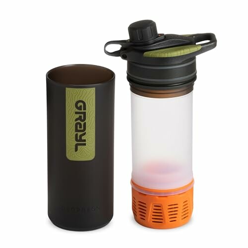 Grayl water purifier bottle with orange filter and black sleeve.