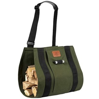 Green firewood tote bag with logs inside.