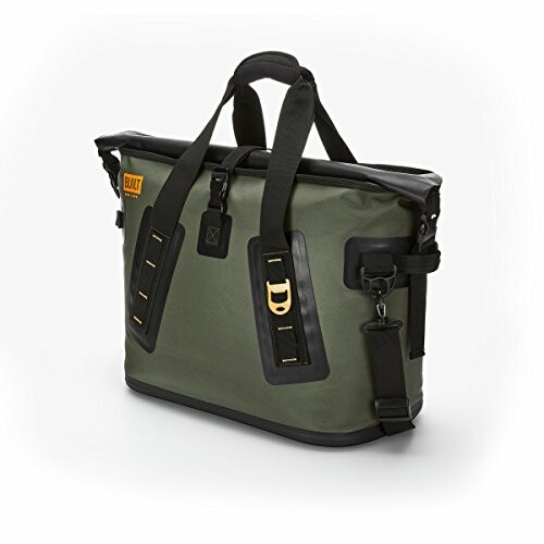 Green insulated cooler bag with black straps and orange logo.