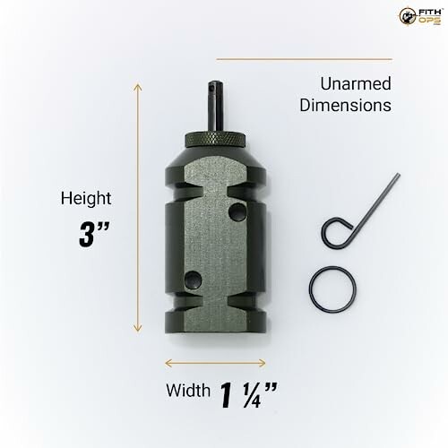 Grenade-shaped tool with dimensions and accessories.