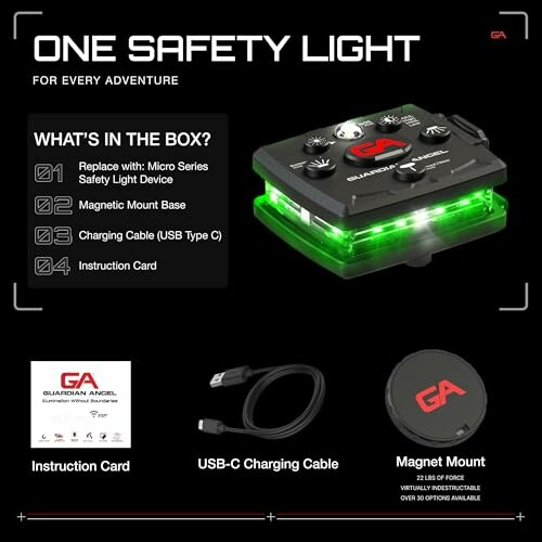 Guardian Angel safety light package contents including device, magnetic mount, USB-C cable, and instruction card.