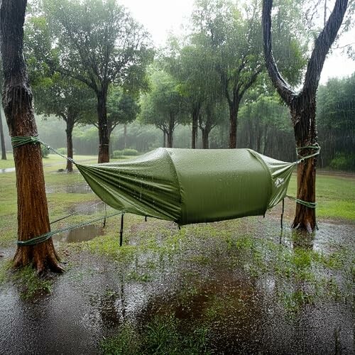Hammock covered with tarp in a rainy forest