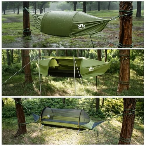 Three images of a hammock tent suspended between trees in a forest.