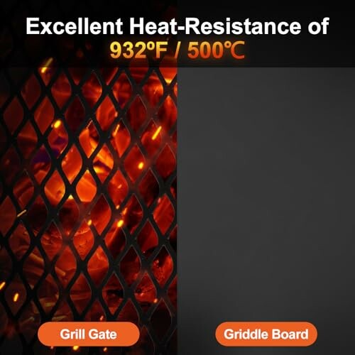 Comparison of grill gate with flames and griddle board, highlighting heat resistance up to 932°F/500°C.