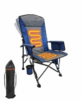 Heated camping chair with glowing heating elements and carrying bag.