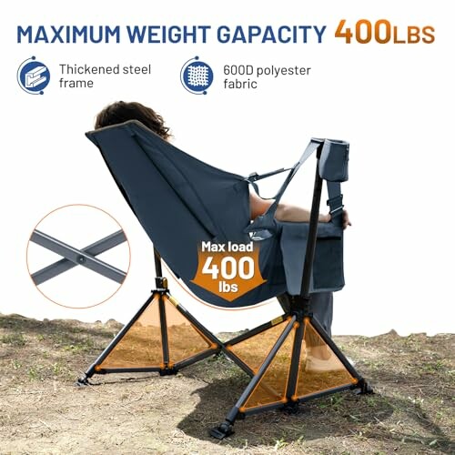 Camping chair with 400 lbs weight capacity, thickened steel frame, and 600D polyester fabric.