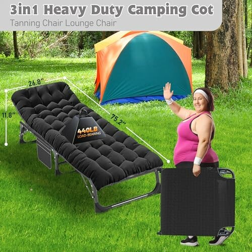3-in-1 heavy-duty camping cot with a woman demonstrating its size and a tent in the background, perfect for camping, travel, or everyday rest.
