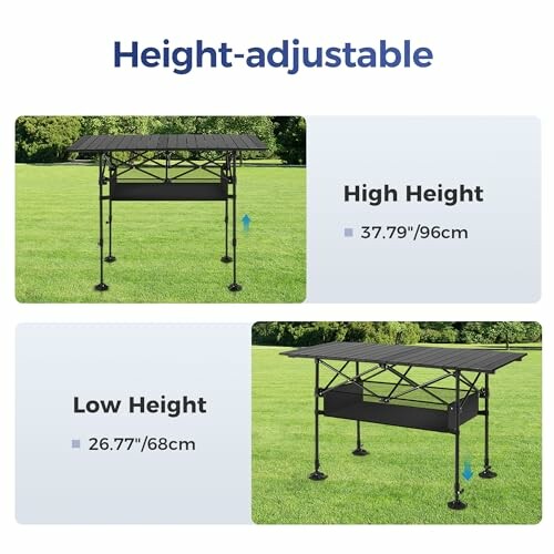 Height-adjustable table with high and low settings.