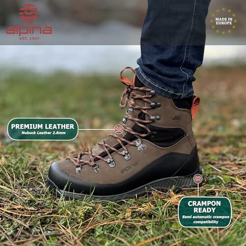 Brown hiking boot with premium leather and cramp-on compatibility.