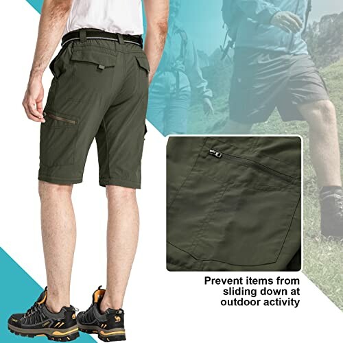Back view of person wearing green hiking shorts with zippered pockets.