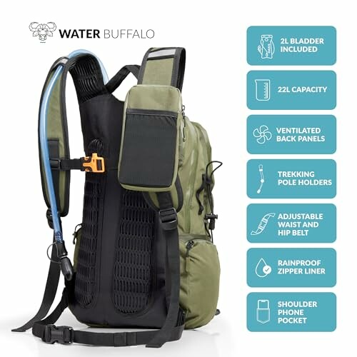 Hydration backpack with features and accessories displayed.