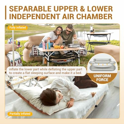 Inflatable air mattress with separable upper and lower chambers for camping.