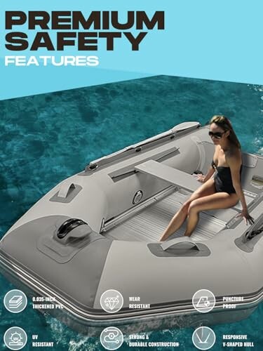 Woman sitting on an inflatable boat showcasing premium safety features.