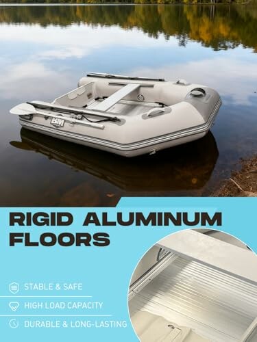 Inflatable boat with rigid aluminum floors on a calm lake.