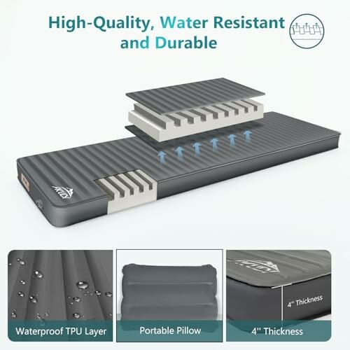 High-quality inflatable camping mattress with waterproof TPU layer and portable pillow.