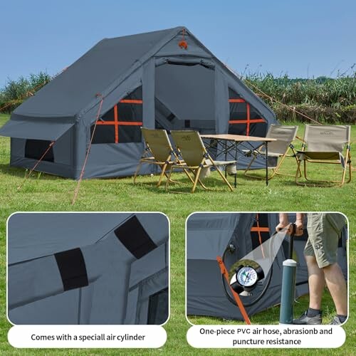 Inflatable camping tent with chairs and air cylinder feature.