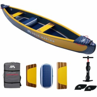Inflatable canoe with accessories including backpack, seat pads, and air pump.