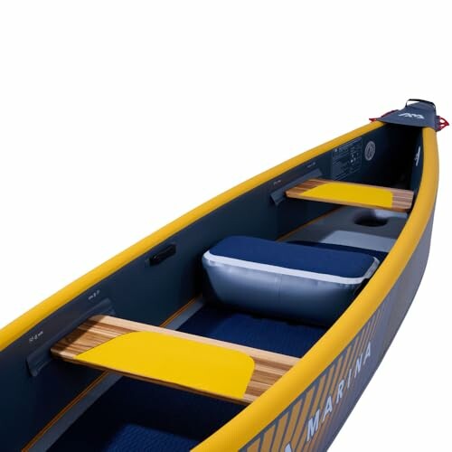 Yellow and blue inflatable canoe with wooden accents and seating.