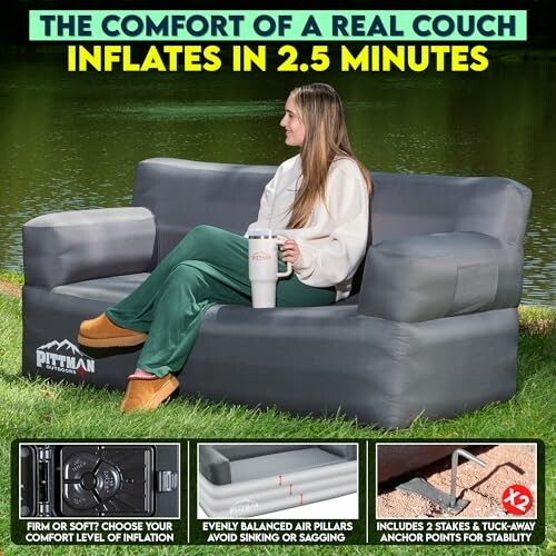 Inflatable couch with woman seated, inflates in 2.5 minutes.