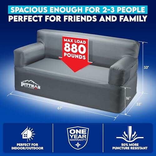 Inflatable couch with dimensions and features, max load 880 pounds.