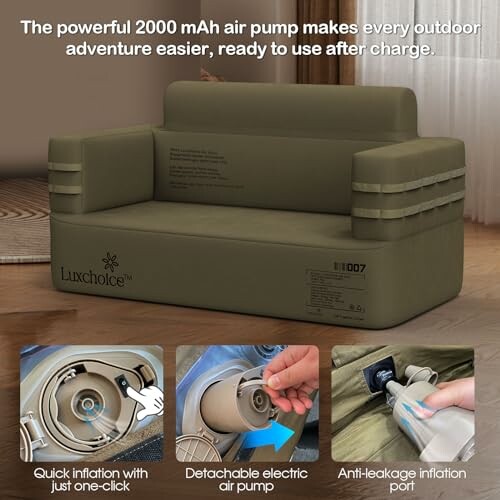 Inflatable couch with 2000 mAh air pump and features like quick inflation, detachable air pump, and anti-leakage port.
