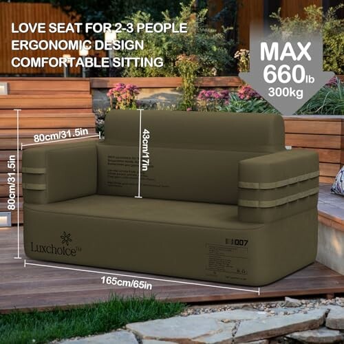 Inflatable loveseat for 2-3 people with ergonomic design and max weight capacity of 660 lb.