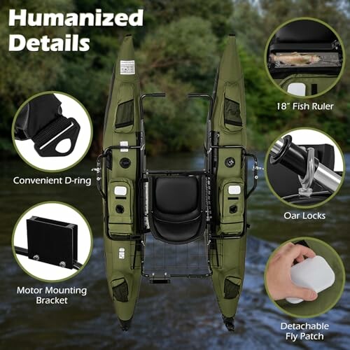 Inflatable pontoon boat with humanized details including D-ring, fish ruler, oar locks, motor mounting bracket, and detachable fly patch.