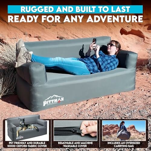 Person relaxing on an inflatable sofa outdoors with product features highlighted below.