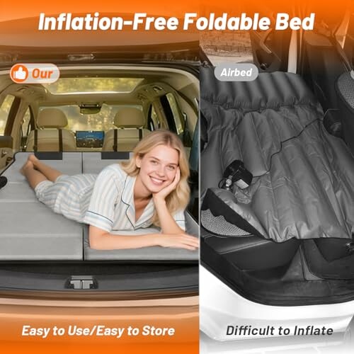 Comparison of an inflation-free foldable bed and an airbed in a car.