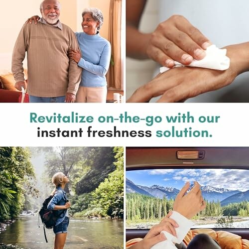 Collage of active seniors, hand cleaning, nature exploration, and car travel.