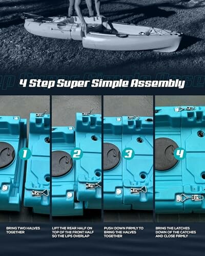 Four-step kayak assembly instructions showing how to connect and secure parts.